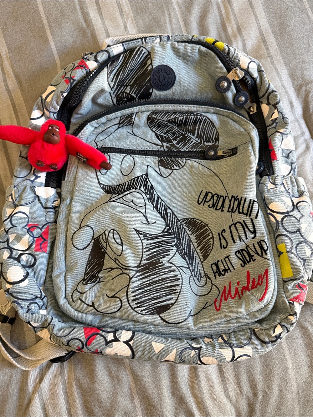 Kipling Kids Grey Mickey Graphic Backpack with Red Monkey Charm